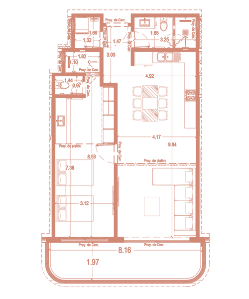 Plano del Tipo A de Sole BLU: 1 recámara, 2 baños y opción flex a 2 recámaras, desde 94.13 m²