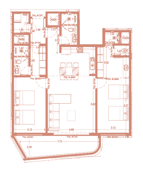 Plano del Tipo B de Sole BLU: 2 recámaras, 3 baños y opción flex a 3 recámaras, desde 120.34 m²
