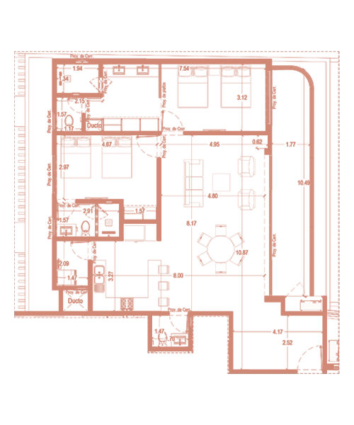 Plano del Tipo E de Sole BLU: 2 recámaras y 2 baños completos, desde 136.07 m²